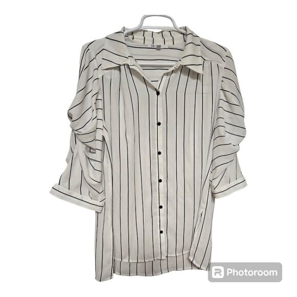 DR2 Ivory Black Stripe Button-Up Blouse Size M - Picture 1 of 10